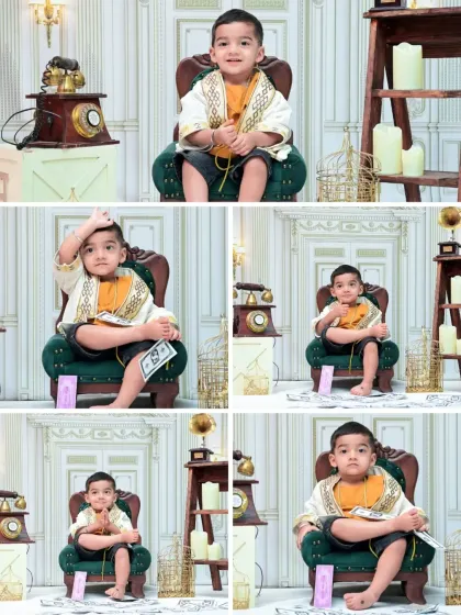 A five-photo collage capturing the many moods and playful poses of the toddler. This collection tells the story of a fun and expressive vintage-themed session.