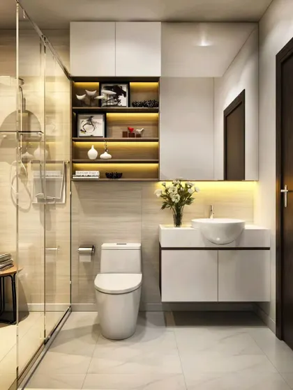 A clean and contemporary bathroom with a glass-enclosed shower. The vanity includes backlit open shelving, providing a warm glow and a perfect spot for decorative items.