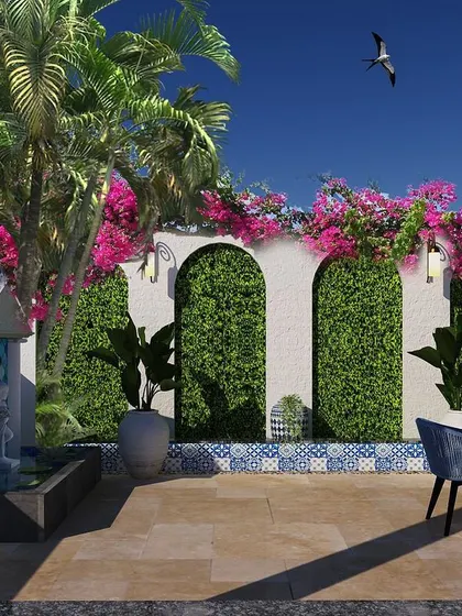 Another view of the Mediterranean backyard concept, this time showing a water feature and palm trees. This demonstrates how I can adapt a design theme to different elements of the space.