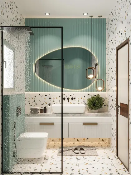 Another view of the kids' bathroom render, showcasing the abstract-shaped LED mirror and hanging pendant lights. The combination of textures and shapes makes this a truly unique and contemporary design.