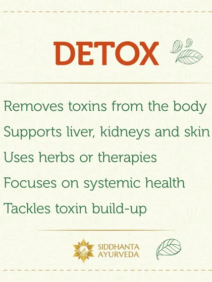 A detox focuses on systemic health by removing toxins from organs like the liver and kidneys using specific herbs and therapies. It addresses long-term toxin build-up.