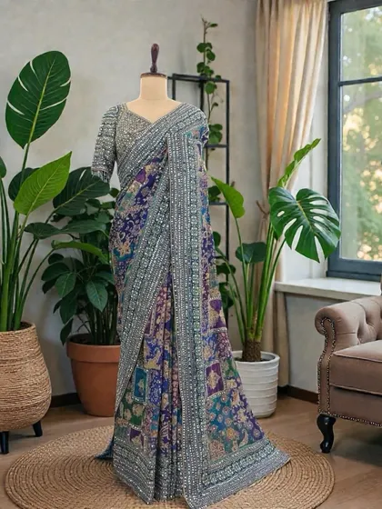 A beautiful multi-color printed saree with a heavy silver embroidered border and matching blouse. This is a perfect outfit for a sangeet or a festive party, offering a blend of color and sparkle.