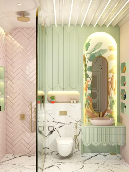 A playful kids' bathroom concept with pastel green and pink tones. The design includes a hand-painted mural in an arched niche, adding a touch of artistry and fun.