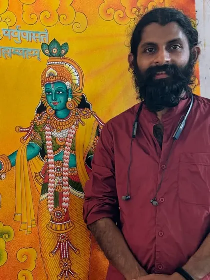Standing with my completed Geethopadesham painting. I believe that everything I create is a blessing I receive, and I am grateful to share it with all of you.