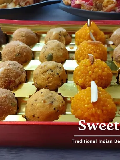 Our traditional Indian delights are perfect for gifting. This box is filled with a variety of our homemade laddoos, each with its own unique flavour and texture.