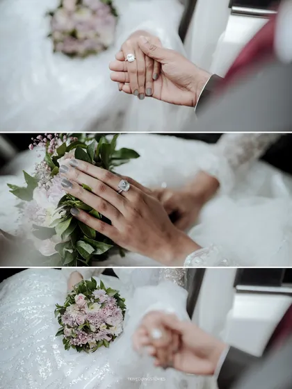 A collage focusing on the details of a Christian wedding: the exchange of rings and the bride's hands on her bouquet.