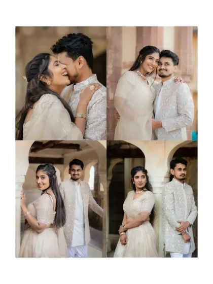 A collection of four portraits from Ayush and Akshitha's pre-wedding shoot. These images showcase their beautiful coordinated outfits and the joyful, candid moments we captured throughout the day.