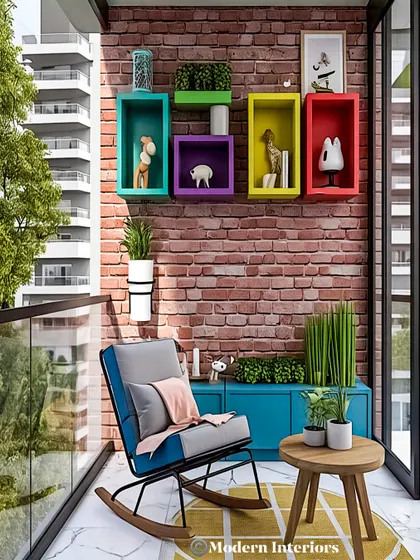 This balcony uses colorful, boxy wall shelves as both storage and a vibrant decorative element. Paired with an exposed brick wall and a modern rocking chair, the look is playful yet stylishly urban.