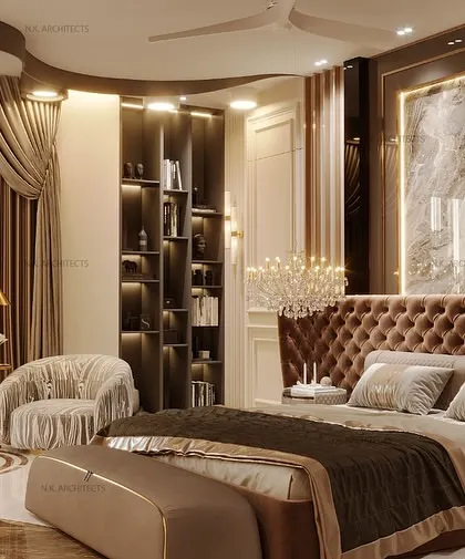 A view of the seating area in the neo-classical bedroom, with a curved ceiling detail and a large window that floods the space with natural light.