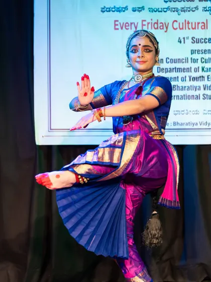 A beautiful leg lift, demonstrating the flexibility and strength required for advanced Bharatanatyam. I am so proud of the hard work my students put in.