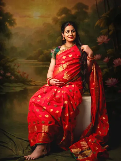 Seated gracefully in a red saree, this mom-to-be looks like she's stepped out of a painting. The fine art backdrop adds to the timeless feel of the portrait.