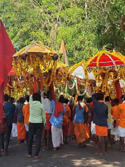 The procession of deities, symbolized by colorful umbrellas and flags, is the centerpiece of the Roti Habba.