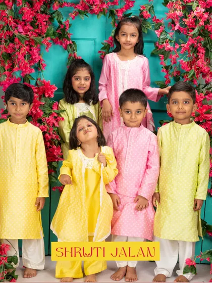I designed this collection for festive family gatherings. It features a range of my most popular pastel outfits for boys and girls, including kurta sets and lehengas in yellow, pink, and green.
