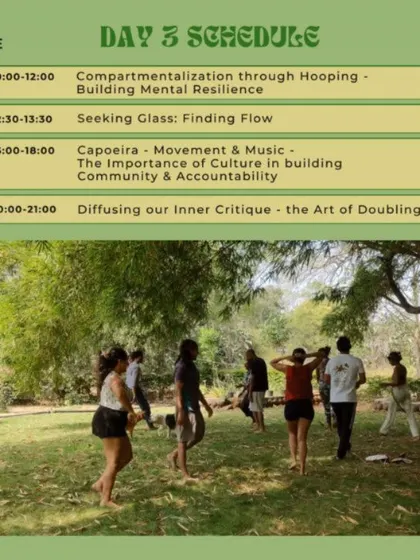 The schedule for Day 3 of the Flow Fest, featuring workshops on mental resilience, Capoeira, and diffusing our inner critic.