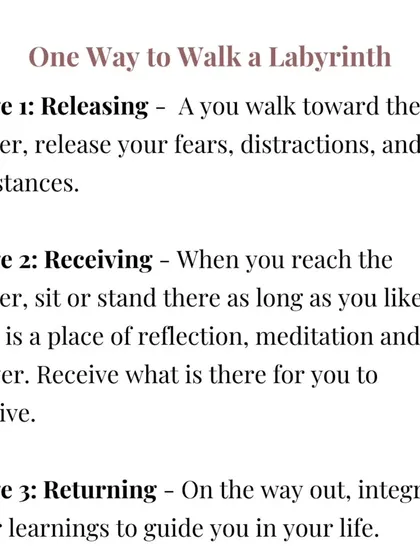 There are three stages to a labyrinth walk. The walk toward the center is for "Releasing" fears and distractions. The center is for "Receiving" insights in a state of reflection. The walk out is for "Returning" and integrating your learnings back into your life.