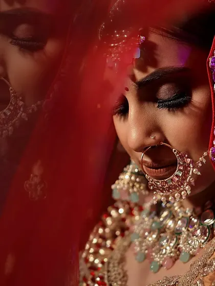 A dreamy portrait of the bride with her reflection in the veil, creating a soft and ethereal look.
