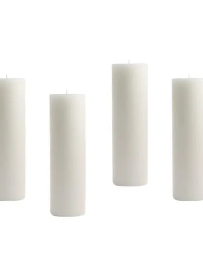 A set of four classic white pillar candles. These are perfect for church services, vigils, or any event requiring simple, elegant lighting.