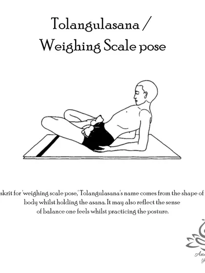 Tolangulasana (Weighing Scale Pose) is an advanced pose that firms up abdominal muscles, builds shoulder strength, and enhances adrenal and thyroid function.