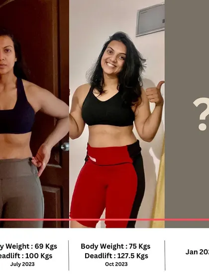 A visual timeline of my transformation. It's not just about weight, but about strength gains. My deadlift went from 100 kgs to 127.5 kgs as my body changed. This shows that stronger isn't always slimmer.