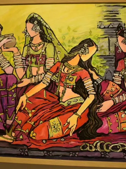 This painting by Puli Vijaya Kishore depicts a group of women in traditional attire. It's a beautiful piece of figurative art that celebrates culture and community, rendered in a unique and expressive style.