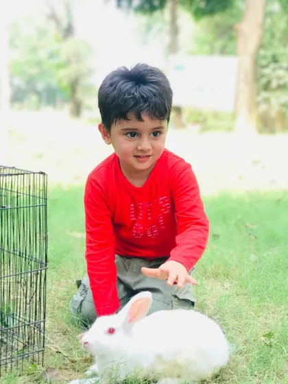 A young boy having a quiet moment with a fluffy white rabbit on the grass.
