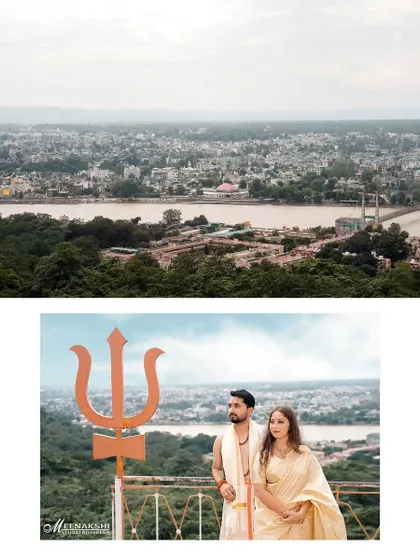 A two-part photo showing the couple with a large Trishul, overlooking the expansive city of Rishikesh and the Ganga river. This shot connects their personal story to the spiritual landscape of the holy city.