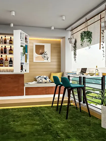 Balcony decoration inspiration! This design turns a small balcony into a cozy oasis with a seating nook, a bar counter, and lots of hanging plants.