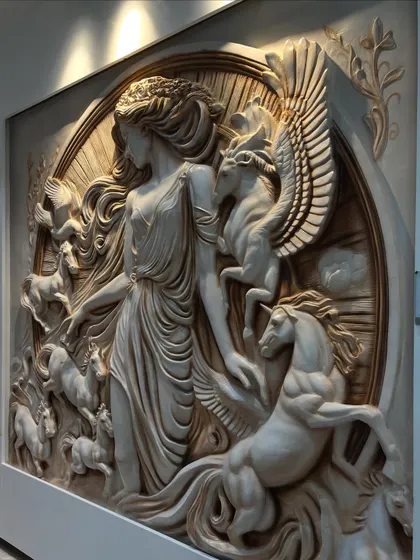 A side view that highlights the high relief of the sculpture. The figures of the goddess and horses project significantly from the background, creating dramatic shadows.