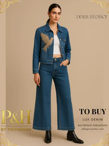 A full-length shot of the golden bird denim set, showcasing the flattering fit of the cropped jacket and the elegant flare of the wide-leg jeans.