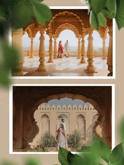 A series of shots using the palace architecture as creative frames. This technique adds depth and an artistic perspective to your royal pre-wedding photos.
