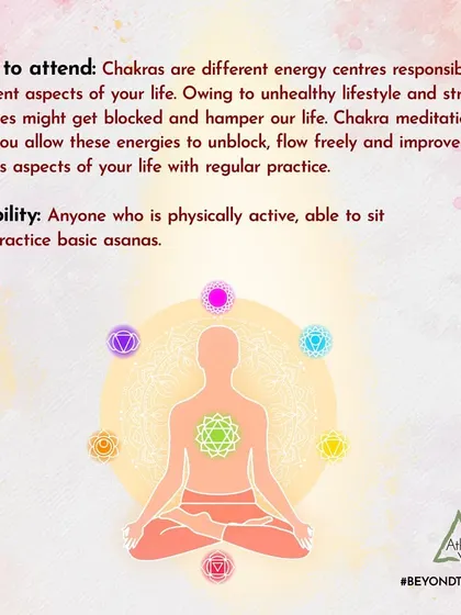 Why should you attend a Chakra Meditation workshop? This graphic explains how modern lifestyles can block our energy centers and how this practice can help you unblock, improve flow, and bring balance to your life.