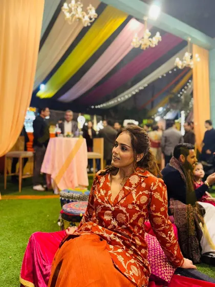 My look for Lohri 2025. This modern contemporary Banarasi dhoti co-ord set in rust orange is perfect for a festive vibe. It's traditional with a twist.