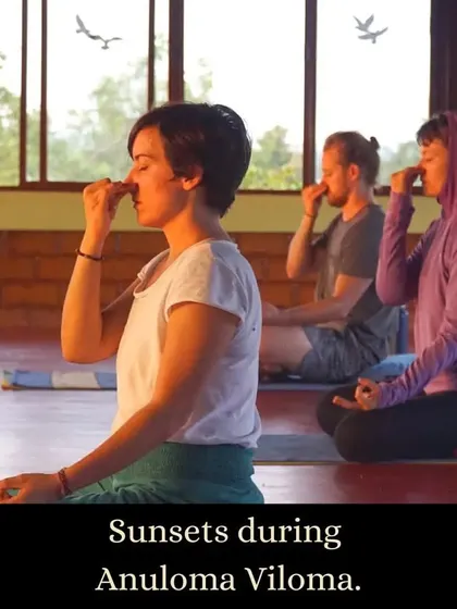 Students practice Anuloma Viloma (alternate nostril breathing) as the sun sets. This pranayama technique is excellent for calming the mind and balancing the body's energy channels.