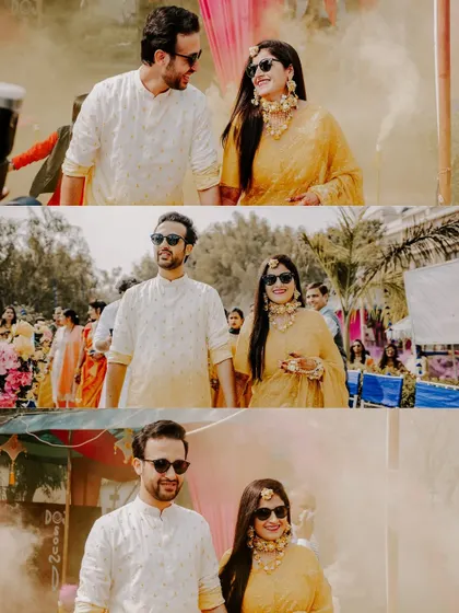 The grand entrance of the couple at their Haldi. This collage shows Sonali and Hemant walking in with style, ready to kick off the celebrations with their friends and family.