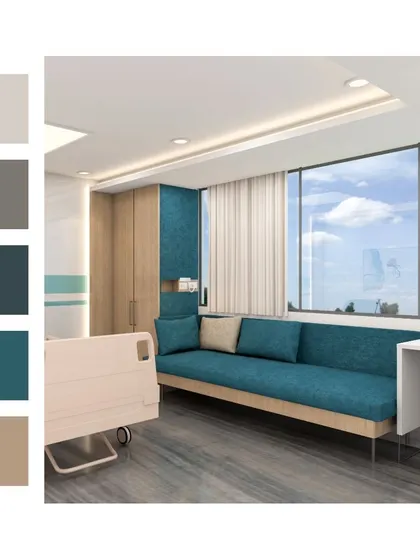 A rendering of a patient suite featuring a deep teal accent wall and a comfortable sofa for visitors. The large window provides an expansive view, connecting the patient with the outside world and aiding in recovery.
