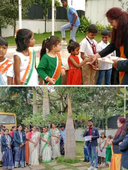 The tricolor soars high as our principal addresses the students during the Independence Day flag hoisting ceremony. Little ones in patriotic colors receive sweets to mark the occasion.