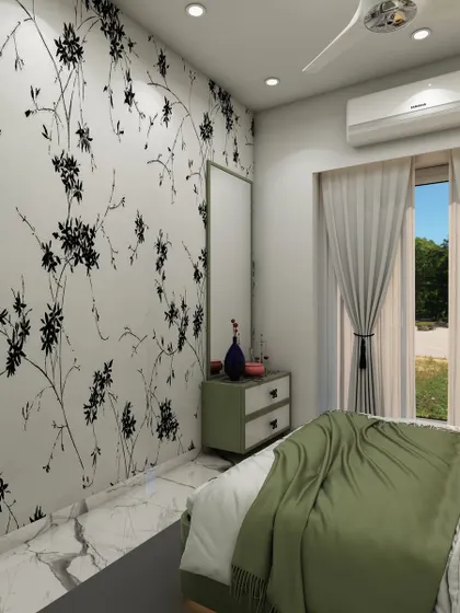 A view of the vanity area, which is set against the same elegant floral wallpaper, creating a cohesive and charming design.