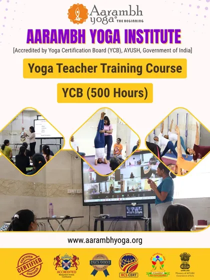 We offer a comprehensive 500-hour Yoga Teacher Training Course, fully accredited by the Yoga Certification Board (YCB) and AYUSH, Government of India. This graphic showcases our hybrid learning model, where you can join classes in our Mumbai studio or live online, ensuring you receive expert guidance no matter where you are.