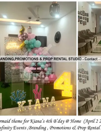 A simple and magical Mermaid theme for a 4th birthday at home. The setup includes a balloon arrangement in ocean colors, a light-up number "4," and marquee letters, creating a whimsical underwater feel in the living room.