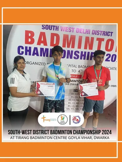 The podium finishers of a doubles category at the South West District Championship. The level of competition was incredibly high, showcasing the future of Delhi badminton.