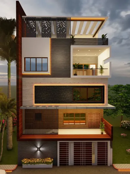 A dusk view of another design, highlighting the warm glow from the recessed lighting around the windows and under the balconies.
