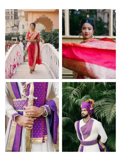 A collage showcasing individual portraits of the bride and groom, highlighting the details of their royal-themed attire.