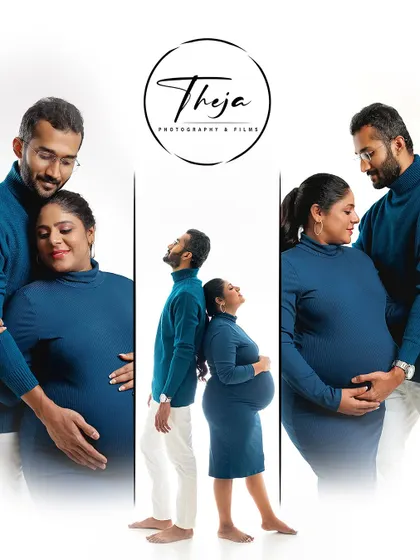 A modern maternity collage showing the couple in matching blue outfits. I gave the mom-to-be a clean, polished look with a simple ponytail and natural makeup that complements their contemporary styling.