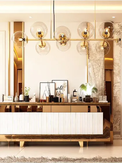 This grand console and crockery unit makes a statement with its gold accents and dramatic lighting. Flanked by large plants, it serves as a stunning focal point in the dining or foyer area.