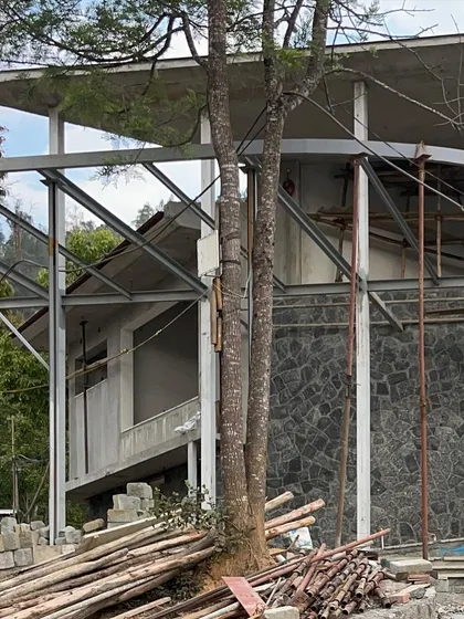 The steel and concrete frame of the Nilgiri residence taking shape around an existing tree, which is carefully preserved.