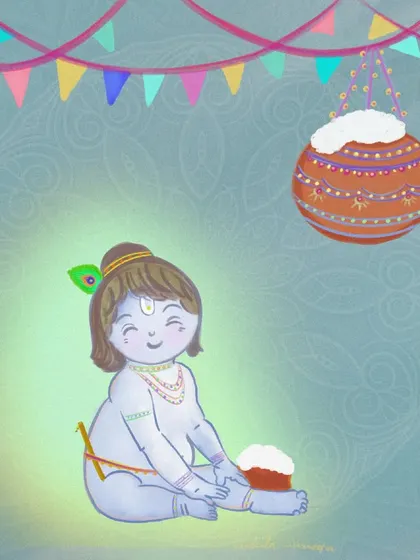 Another color variation of the baby Krishna illustration, set against a soft green background.