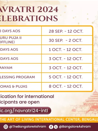 A schedule of our Navratri 2024 celebrations, inviting international participants. The festival includes a series of advanced courses, Homas, and Pujas designed to rejuvenate the mind, body, and spirit.