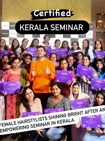 A collage celebrating the all-female group of hairstylists who attended my empowering seminar in Kerala.