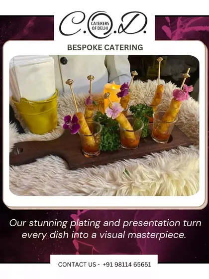 Attention to detail is at the core of our service. Here, crispy appetizers are served in individual shot glasses with dipping sauce, garnished with edible flowers, and presented on a rustic wooden board for an elegant and convenient pass-around snack.