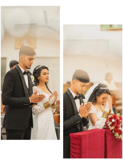 A diptych of the bride and groom in prayer during their Catholic wedding ceremony. These quiet, reverent moments are an essential part of the wedding story.